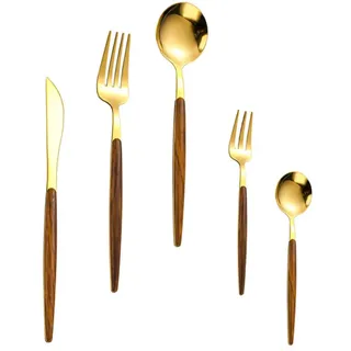 Edelstahl Besteckset mit Holzgriff, 5 Stück, Gold, Nordisch | Messer, Gabel und Löffel, Schlicht Klassisch Modern für Tischgebrauch