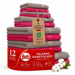 Betz 12-TLG. Handtuch-Set Palermo 100% Baumwolle 2 Liegetücher 4 Handtücher 2 Gästetücher 2 Seiftücher 2 Waschhandschuhe Farbe Cranberry und Stone