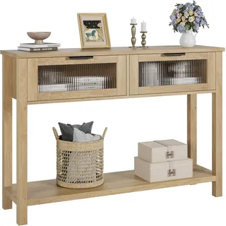 GarveeMore 110×30×H80 Konsolentisch aus Massivholz, 2-stufig & 2 Glas-Schubladen, Offene Ablage & Stauraum Rustikales Design, Console Table Schmal Flurtisch Konsole Holz