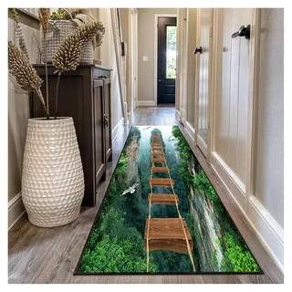 Siunwdiy 3D Illusion Teppich Läufer Flur Grün 80x200 cm rutschfest Waschbar Küchenteppich Lang Flurläufer Meterware Für Korridor Eingangsbereich Schlafzimmer Wohnzimmer Teppichmatten Anpassbar