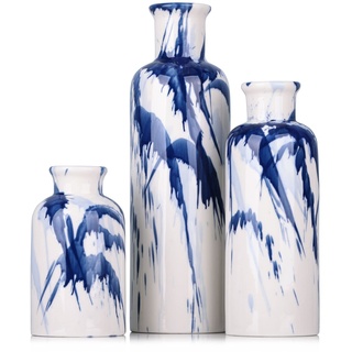 Blaue Keramikvase, 3er-Set – dekorative marineblaue und weiße Vase für Tafelaufsätze, Bauernhaus- und Heimdekoration – ideal für Wohnzimmer, Küche, Schlafzimmer, Esstisch und Bürodekoration