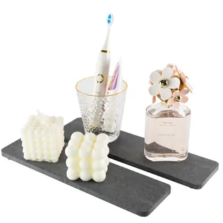 NiuYichee 2er-Set wasserabsorbierende Stein-Tabletts, Küchen-/Badezimmer-Spülbecken-Seifenschale, Kieselgur-Tablett für Handseife & Kosmetikflaschen im modernen Zuhause, 8 cm B x 30 cm L, Dunkelgrau