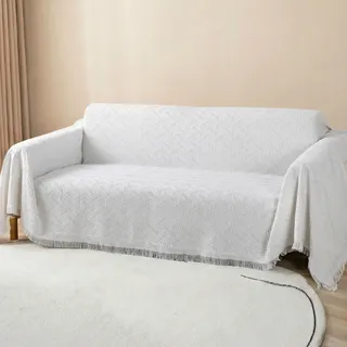 LHGOGO Vielseitige Sofaüberwurf Decke großer Couch Überwurf Sofa Cover Wendbare Sofabezug, Sofadecken zum Abdecken, Tagesdecke mit dekorativen Quasten - Weiß, 180x300cm