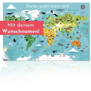 Personalisierte Kinder Schreibtischunterlage | Unsere große bunte Welt mit deinem Wunschnamen | Kinder Weltkarte | handgezeichnet, 60 x 40 cm