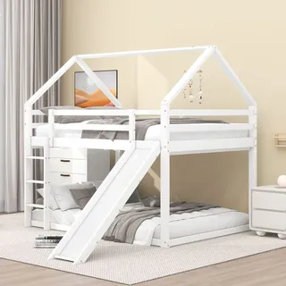 Flieks Etagenbett 140x200cm, Kinderbett Hausbett mit Rutsche und Leiter, Hochbett mit Lattenrost, Stockbett Holzbett mit Rausfallschutz, Weiß - Weiß