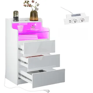 Nachttisch mit Steckdose und LED-Beleuchtung, Hochglanz Nachtschrank mit steckdose und 3 Schubladen - offene Ablageebenen mit Gehärtetes Glas für Wohnzimmer und Schlafzimmer 45x35x76 cm (Weiß)
