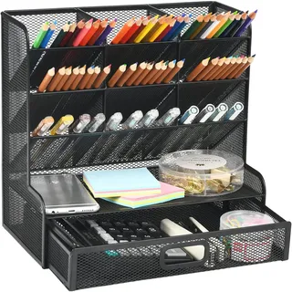 Marbrasse Netz-Schreibtisch-Organizer,Multifunktionaler Stiftehalter,Organizer Schreibtisch,Aufbewahrungs Regal für Schul und Heim Büro Bedarf (Schwarz mit Schublade)