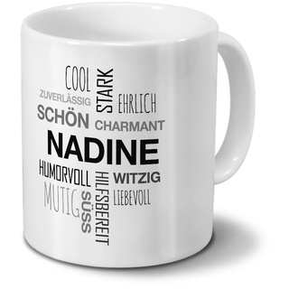 printplanet Tasse mit Namen Nadine Positive Eigenschaften Tagcloud - Schwarz - Namenstasse, Kaffeebecher, Mug, Becher, Kaffeetasse