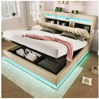 REDOM Polsterbett Bequeme Betten mit Stauraum und LED-Beleuchtung (Struraumbett, Funktionsbett, 180x200 cm, ohne Matratze, Beige), mit USB- und Typ-C-Anschlüssen, LED-Beleuchtung beige 182 cm x 218 cm x 112 cm