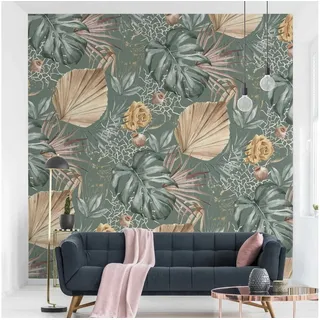 Bilderdepot24 Mustertapete Muster Große Blätter Rosen Grün Grün Beige Wanddeko Vintage Tropical, Glatt, Matt, (Vliestapete inkl. Kleister oder selbstklebend), Wohnzimmer Schlafzimmer Küche Flur gemusterte Vliestapete Wandtapete grün 2.4 m x 2.4 m