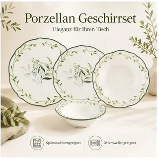 Hermia Concept Geschirr-Set Olivessa (24-tlg), 6 Personen, Porzellan, Tafelservice, 24 Teile, für 6 Personen grün|weiß