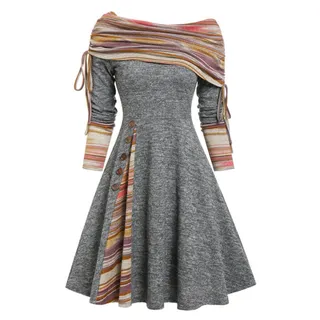 MENGQING Convertible Cinched Gestreiftes ausgestelltes Kleid Foldover Off The Shoulder Strickkleider Damen Langarm - Hellgrau0501,S