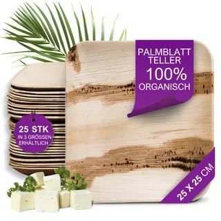 Waipur Bio Palmblatt Teller - 25 Stück groß eckig 25x25 cm - Premium Einweggeschirr kompostierbar - Umweltfreundliches Palmblatt-Geschirr - ähnl. Bambus-Teller Einweg