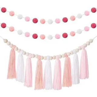 3tlg. Boho Quasten- & Filzkugelgirlande Rosa Baumwolle/Filz