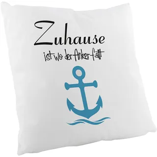 Crealuxe Flauschiges Kissen - Zuhause ist wo der Anker fällt Zierkissen, Sofakissen, bedrucktes Kissen, Baumwollkissen