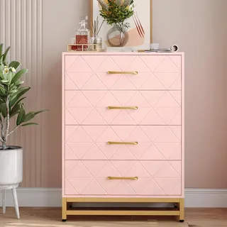 IDEALHOUSE Moderne Kommode mit 4 Schubladen – Holz-Schubladenschrank mit Breiten Schubladen, Metallgriffen & Metallbeinen, Anti-Kipp-Schutz, für Wohnzimmer/Schlafzimmer/Ankleide – Farbe: Rosa