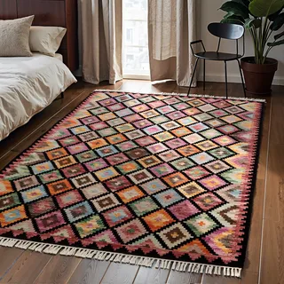 HANSE HOME Teppich Kelim Zara, rechteckig, Höhe: 3 mm, Wolle, Baumwolle, Natur, Handgewebt, orientalisch, Boho, traditionell schwarz 120 cm x 170 cm x 3 mm