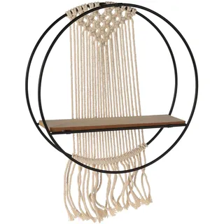 Makramee Hängeregal rund Ø 32cm - Boho Wandregal mit Holzablage & Metallrahmen - Deko & Aufbewahrung für Küche Bad Flur Schlafzimmer - Schwarz Natur Beige