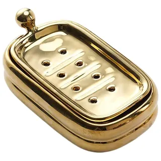 Seifenschale Aus Keramik Fürs Badezimmer, Doppelschichtiger Seifenhalter Mit Abfluss, Süße, Runde, Quadratische Seifenkiste Aus Keramik Für Die Dusche Mit Abfluss Für Die Arbeitsplatte, Gold, 16