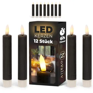 Stabkerzen LED mit Timer SCHWARZ 12 Stück indoor 6 Stunden ECHTWACHS 15cm Höhe für Kerzen 2,2cm Durchmesser 2 AAA Batterien notwendig LED Stabkerzen 4er Set SCHWARZ (drei Mal) bewegliche Flamme Licht