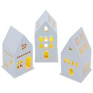 Spetebo LED Holz Haus weiß 13 cm 3er Set Deko Weihnachtsdorf mit Beleuchtung