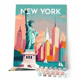 Figured'Art Malen Nach Zahlen Erwachsene Mit Rahmen Reiseposter New York - Paint by Numbers Basteln DIY Bastelset 40x50cm - Leinwand gespannt auf Holzrahmen
