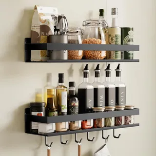 devesanter Gewürzregal Wand 2er Set Ohne Bohren Küchenregal mit 6 Haken, Hakenleiste Hängend Gewürzregal Schranktür Duschablage für Küche Badezimmer Balkon (Schwarz,40 cm)
