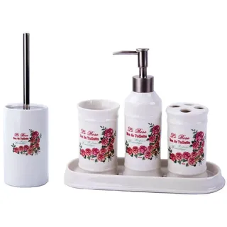 Landhaus Vintage BADSET Rosen Badezimmer ZUBEHÖR Set SEIFENSPENDER WC BÜRSTE Keramik (5er Set)