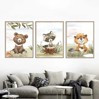 3er Set Poster Kinderzimmer Bilder Deko Junge Mädchen Poster Kinderbilder, Dschungel Tiere Wandbilder Babyzimmer Kinderposter (A,30x40cm)