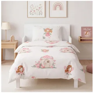 MTOnlinehandel Babybettwäsche Fee 100x135 cm Flanell/ Biber für Kleinkinder, 100% Baumwolle, 2 teilig, Kinderbettwäsche Little Magic in zarten Farben, Feen Garten weiß