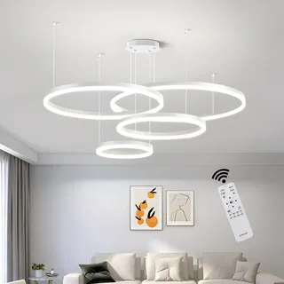 Modern LED Pendelleuchte Ring, Wohnzimmerlamp, Kreis Hängeleuchte, Runde Hängelampe Aluminium 3000K-6000K Dimmbar Kronleuchte Mit Fernbedienung, Esszimmerlampe, Deckenleuchte Wohnzimmer ( Color : A-Wh