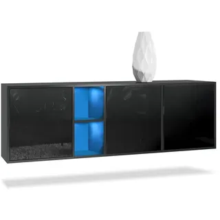 Vladon Sideboard Cuba (Kommode, mit 3 Türen und 2 offene Fächer), Schwarz matt/Schwarz Hochglanz inkl. LED-Beleuchtung (182x53x35 cm) schwarz