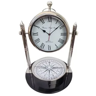 Casa Padrino Tischuhr mit Kompass Silber / Schwarz Ø 48 x H. 63,5 cm - Wohnzimmer Deko