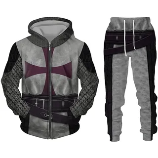 IPOVOQ Herren Trainingsanzug Set Tempelritter 3D gedruckt Reißverschluss Hoodie und Jogger Hose Anzug Zweiteiliges Set Casual Kapuze Sweatshirt Set - 3XL