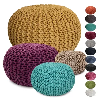 Amago home Strickhocker Pouf Ø45 o. 55cm Bodenkissen Sitzpouf XXL Baumwolle nachhaltig Größe ø 55 cm, Farbe gelb