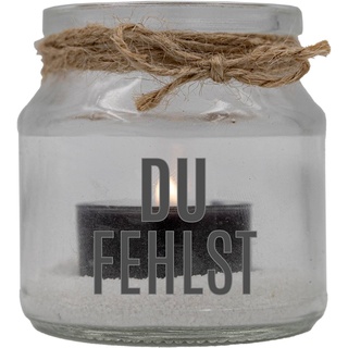 WB wohn trends Trauer-Windlicht Glas mit Teelicht und Sand, Du fehlst, 8x7cm Trauer-Licht mit Trauer-Kerze Gedenk-Kerze schwarz