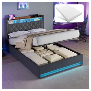 MODFU Polsterbett Funktionsbett Stauraumbett Gästebett (Stilvolles Polsterbett Dunkelgrau aus hochwertigem holländischen Samt mit hochelastischem Schaumstoff, 1-tlg., 140*200), Mit LED-Lichtleiste und USB-Aufladung grau