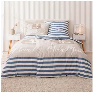 MTOnlinehandel Bettwäsche Moin Moin, 100 % Baumwolle, ideal als Partnerbettwäsche, Renforcé, 2 teilig, maritime Anker Bettwäsche gestreift beige