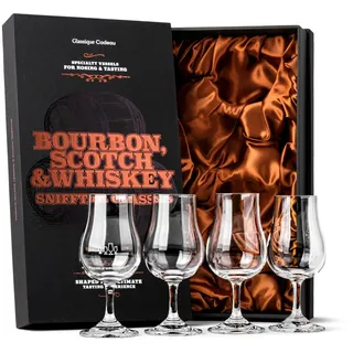 Whiskey, Scotch, Bourbon Professionelle Tasting und Nosing Gläser | 4er Set | 120 ml Kristall Whisky Verkostungsgläser mit Stiel für Rum, Gin, Likör | Whiskeygläser Geschenkset für Männer