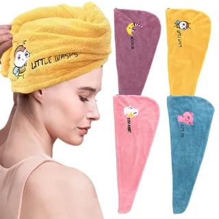 4 Stück Mikrofaser Handtuch Haare Schnell Trocknend Haartuch in 4 Farben mit Knopf, Super Saugfähig Haarturban Handtuch für Frauen und Mädchen, Schnell Trocken Salon Reisen Bad Kopf Wrap (Tiere)