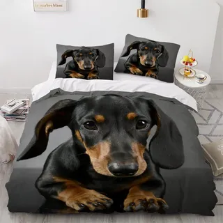 Woowin Dackel Bettwäsche 135x200 3D Motiv Schwarzer Hund Bettbezug Mit Reißverschluss Sommer Weiche Mikrofaser Bettwäsche-Set Bettbezüge Mit 2 Kissenbezug 80x80 cm Für Kinder Junge Mädchen