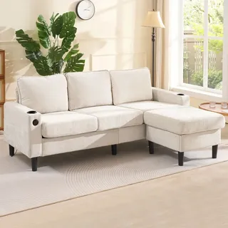 STILVORA 3-Sitzer-Sofa Loungesofa Gepolstertes Sofa mit zwei Getränkehaltern,L-förmiges Schlafsofa mit USB- und Typ-C-Anschlüssen,Beige - Beige