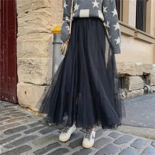 ZXCL Eleganter Tüllrock Herbst Winter Große Swing Frauen Rock Koreanische Nette Rosa Grün Grau Blau Braun Schwarz Langer Rock-Black,One Size