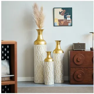 Celya Bodenvase Boden bis zur Decke reichende Vase – 83/65/50 cm hohes Metallvasen Set (für Wohnzimmer und Schlafzimmer, mit Pampasgraszweig, vom Boden bis zur Decke reichend), 3 Retro-Vasen vom Boden bis zur Decke, hohe dekorative Vase goldfarben