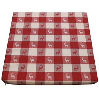 Sitzkissen Karo mit Hirsch in Rot | 1 Stück Stuhlkissen komplett mit Schaumstoff-Füllung 35 x 38 x 3,5 cm | passend zur Landhaus-Serie - langlebig, rot-weiß kariert aus Webstoff mit kleinen Hirschen