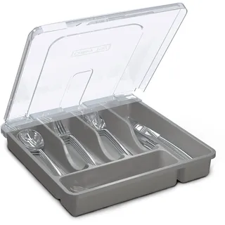 YICOCHI Grauer Tragbarer Besteckkasten mit Deckel, Staubfrei, 5 Fächer, für Camping, Reisen, Restaurant, Caddy, Küchenutensilien