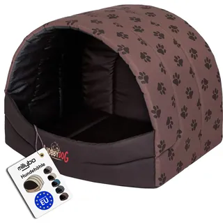 millybo Hundehütte Hundehöhle Hundebett Hundehaus S-XL (R2 (50 x 38 cm), Hellbraun mit Muster (Pfötchen))