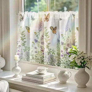 Tokusyou Gardinen Scheibengardinen Halbtransparent Blumen Schmetterling Bistrogardinen Vorhang Weiß Landhausstil Kurzgardine für Küche Wohnzimmer 1 Stück 180×60cm(BxH)