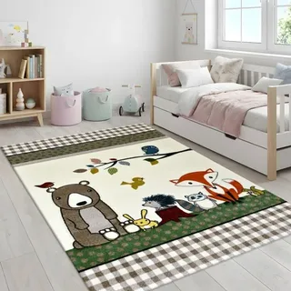 TapisTrend Kinderteppich Creme 80x150 cm Cremefarbener mit Waldtieren: Bär, Fuchs, Eule, für Schlaf- und Spielzimmer - Creme