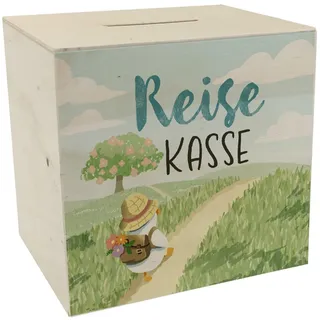 speecheese Spardose aus Holz Ente auf Reisen Spruch Reisekasse Gans-Design | in Pastellfarben Natur-Motiv Wunsch-Erfüller Freude am Sparen für Reisen und Urlaub